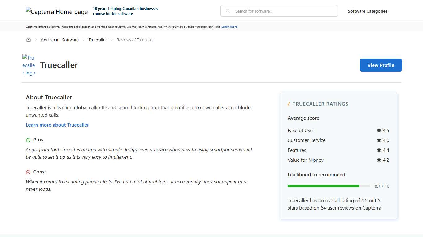 Truecaller Reviews from Verified Users - Capterra Canada 2026